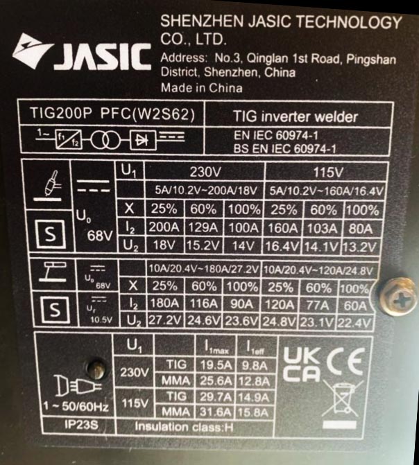Plaque signalétique du poste JASIC TIG 200P PFC
