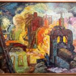 Laminoir duo, huile sur papier montée sur panneau de bois, 1980, signée Rochette du Creusot. 150 cm x 105cm.