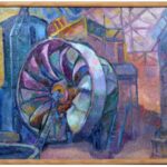 Turbine hydraulique du Creusot, huile sur isorel signée Rochette du Creusot.. 46cm x 37,5cm.